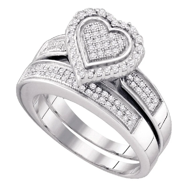 Hinge band ring-Sterling Silver Round Diamond Heart Bridal Wedding Ring Band Set 3/8 Cttw