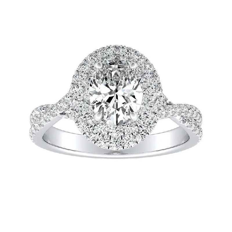 Hittite band ring-Twisted Oval Shape 1ctw Double Halo Diamond Engagement Ring 18k Gold by Auriya (I-J, I1-I2)