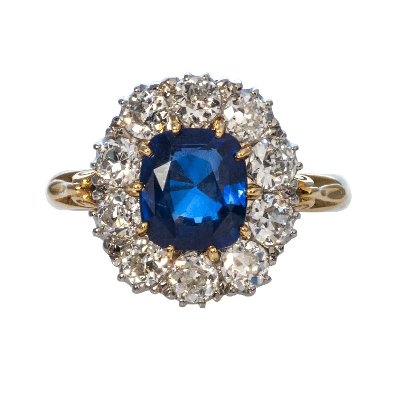 Chia seed ring-Victorian Style 1.98ct Cushion Sapphire & Diamond Cluster Ring