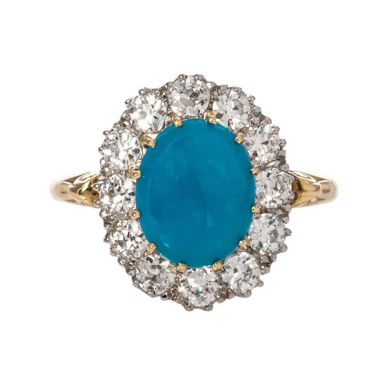 Contrast metal ring-Victorian Style Turquoise & Diamond Cluster Ring