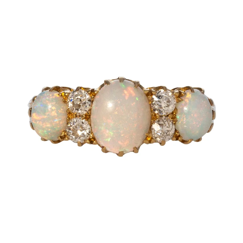 Cavern band ring-Victorian Three Stone Opal & Diamond 18K Yellow Gold Ring