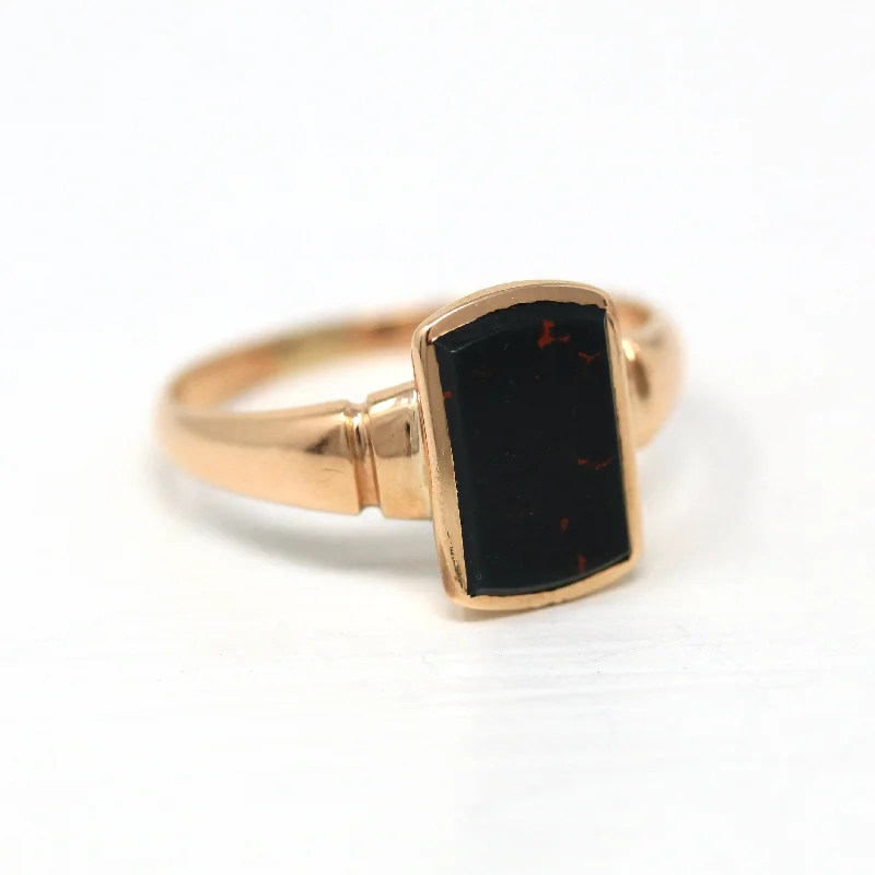 Vintage Bloodstone Ring - Edwardian 14k Rosy Yellow Gold Rectangular Gemstone - Antique Circa 1910s Era Size 10 1/4 Men's Fine Jewelry