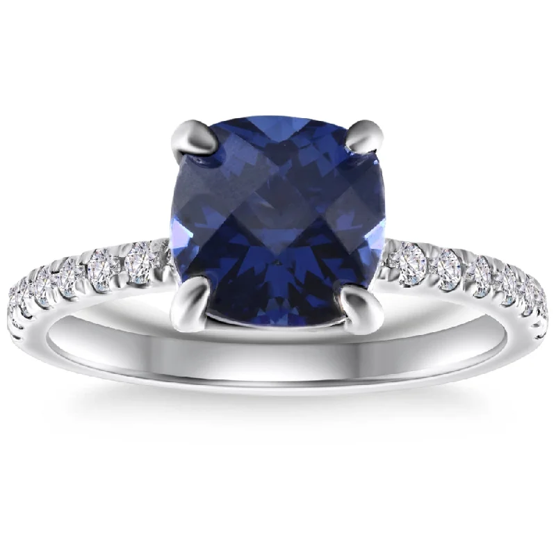 Iron forged ring-VS 2 1/3Ct TW Cushion Blue Sapphire & Diamond Ring in 14k White Gold