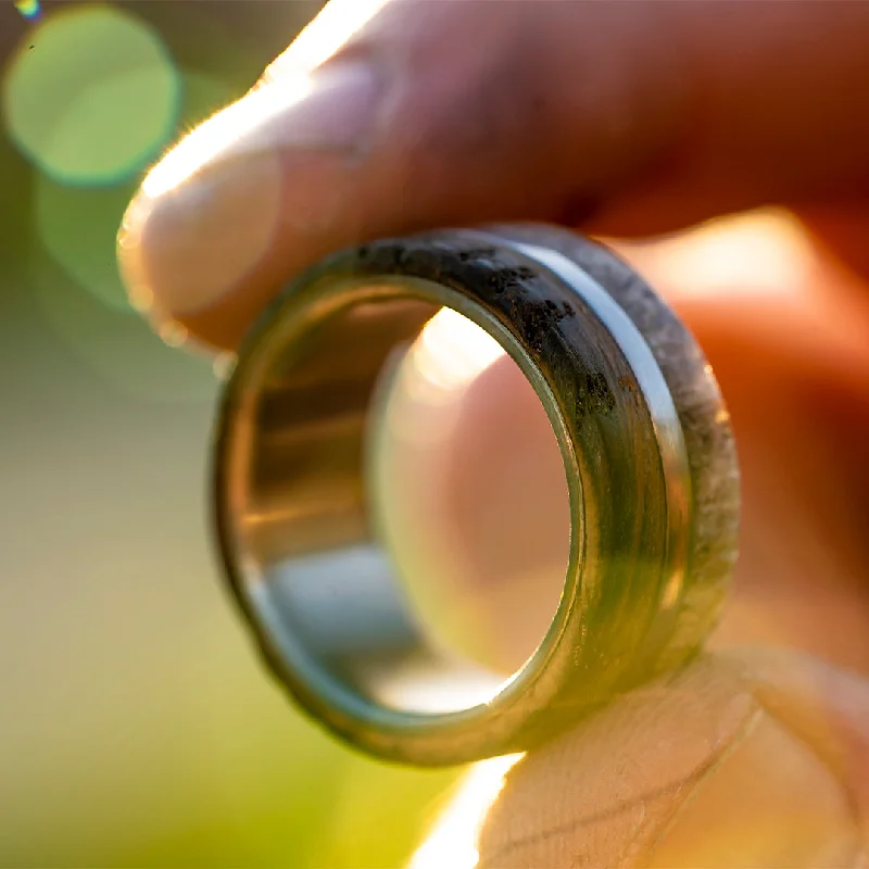 Crystal bead ring-Whiskey Barrel Oak and Deer Antler Ring