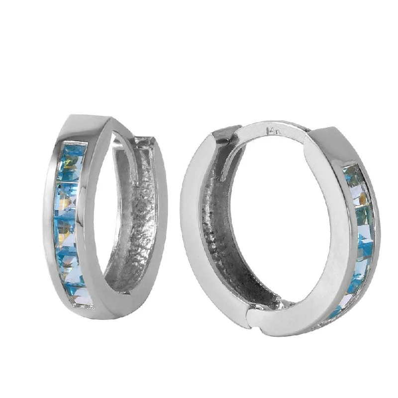 Grainy texture earrings-1.2 Carat 14K Solid White Gold Hoop Huggie Earrings Blue Topaz