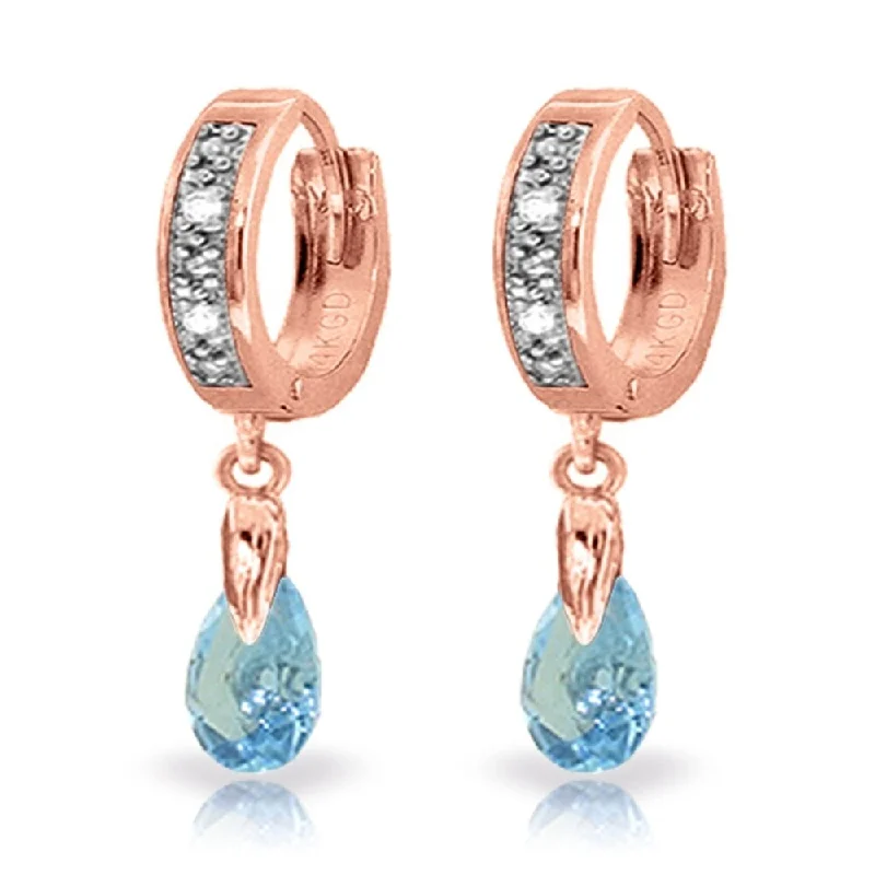 Kelp frond earrings-1.37 CTW 14K Solid Rose Gold Hoop Earrings Diamond Blue Topaz