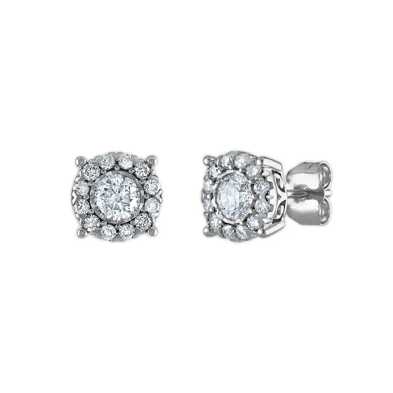 Layered cut earrings-1 CTW Diamond Halo Stud Earrings in 14KT White Gold