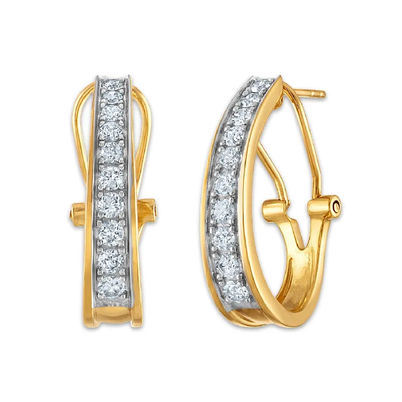 Lined stone earrings-1 CTW Diamond Hoop Earrings in 10KT Yellow Gold