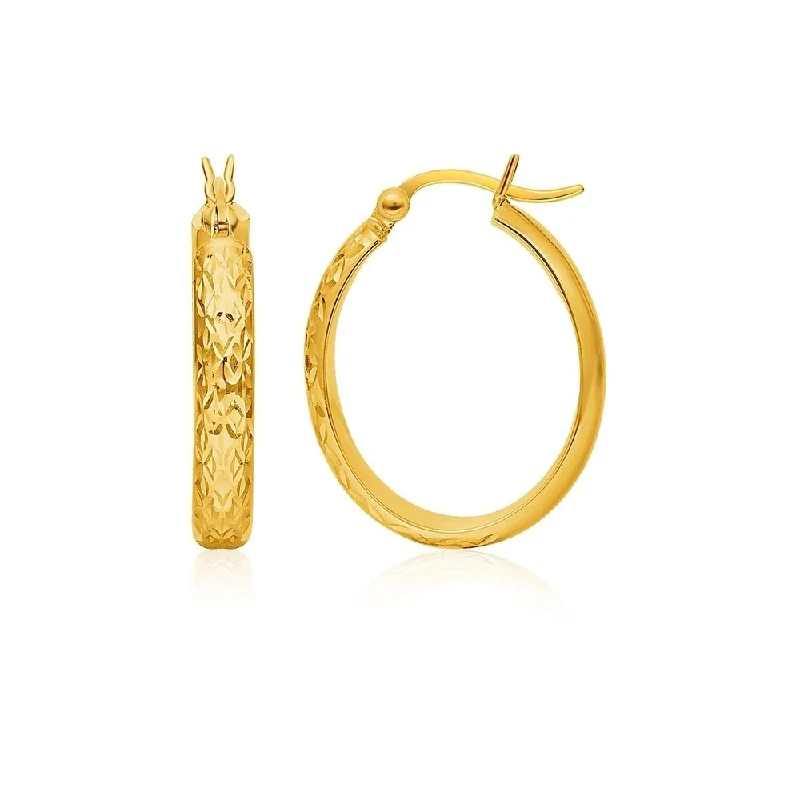 Pleated design earrings-10k Yellow Gold Hammered Oval Hoop Earrings