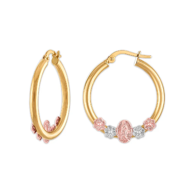 Hexagonal zircon earrings-10KT Tri-Color Gold Guadalupe Hoop Earrings