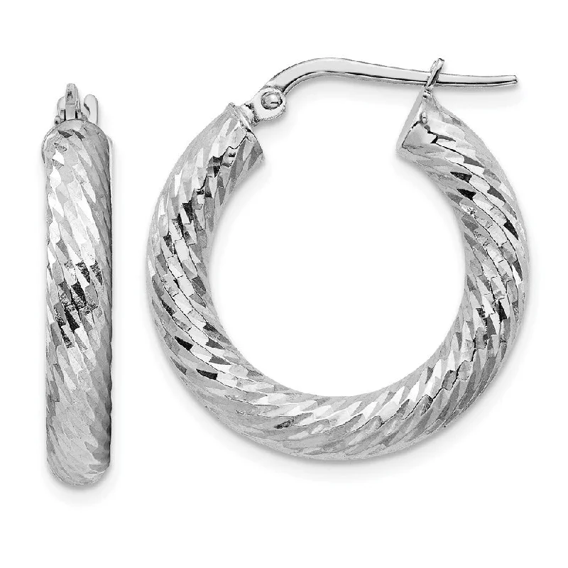 Hooked hoop earrings-14k 4x15mm White Gold Diamond-cut Round Hoop Earrings (L-23.4 mm, W-22.35 mm)