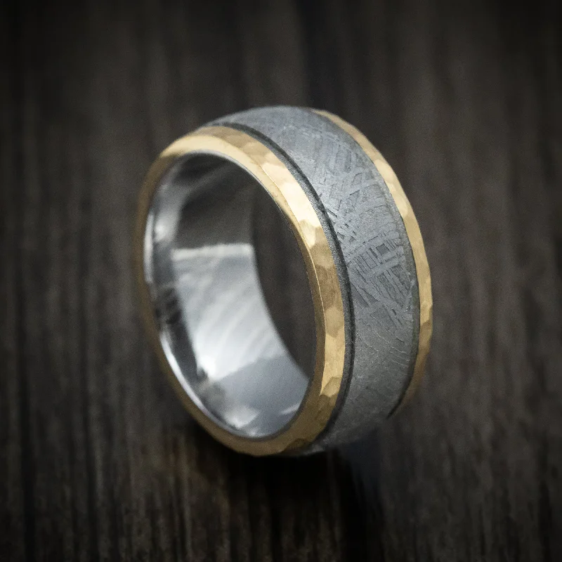 Hazel wood ring-14K Gold and Gibeon Meteorite Men's Ring with Damascus Steel Sleeve and Cerakote Grooves