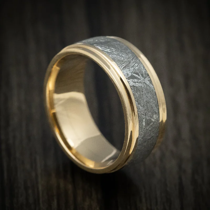 Raised bezel ring-14K Gold Men's Ring with Gibeon Meteorite Inlay Custom Made