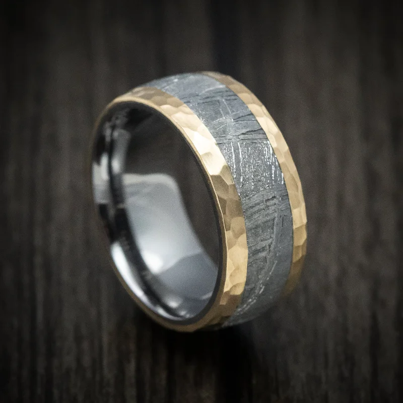 Arced band ring-14K Gold Men's Ring with Meteorite Inlay and Tantalum Sleeve Custom Made Band