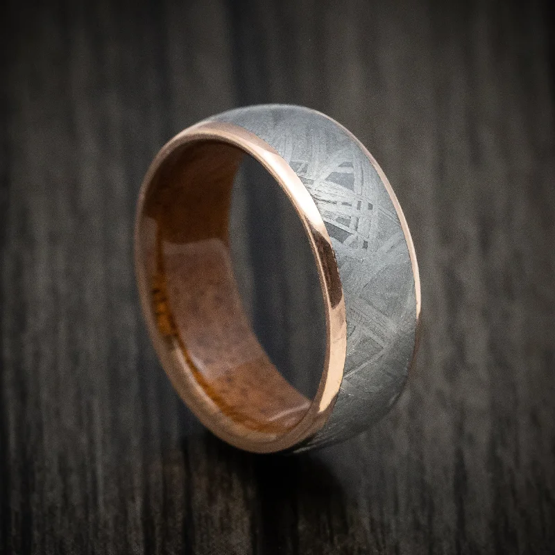 Hooked band ring-14K Gold Men's Ring with Meteorite Inlay and Wood Sleeve