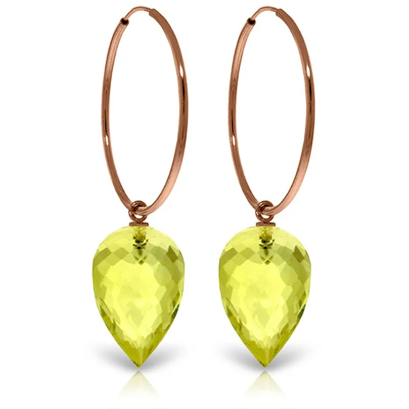 Waxed finish earrings-14K Solid Gold Hoop Earrings w/ Pointy Briolette Drop Lemon Quartz