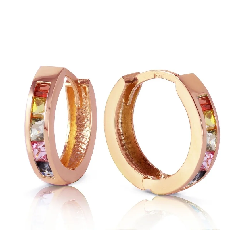 Beak tip earrings-14K Solid Rose Gold Hoop Earrings with Multicolor Sapphires