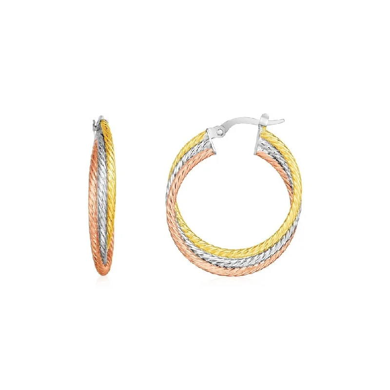 Waxed finish earrings-14k Tri Color Gold Three Part Round Hoop Earrings