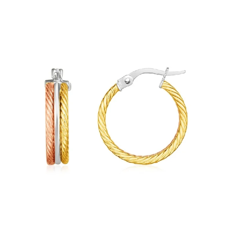 Border stone earrings-14k Tri Color Gold Three Part Textured Hoop Earrings