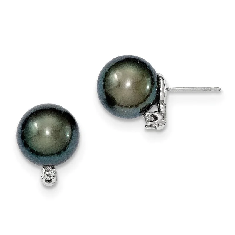 Crowned gem earrings-14k White Gold 10-11mm Saltwater Cultured Tahitian Pearl & Dia. Stud Earrings (L-13 mm, W-10 mm)