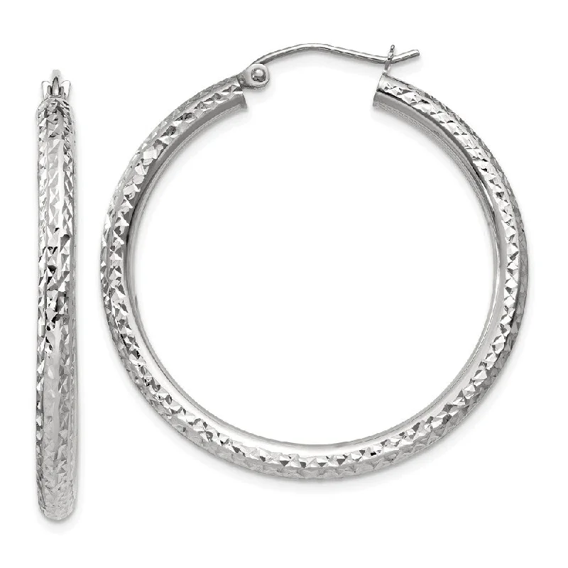 Zinc finish earrings-14k White Gold Diamond-cut Round Hoop Earrings (L-35 mm, W-3 mm)