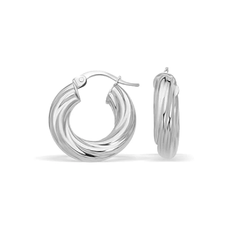 Arced hoop earrings-14k White Gold Fancy Twist Hoop Earrings (7/8 inch Diameter)