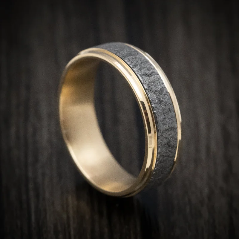 Kelp frond ring-14K Yellow Gold And Tantalum Bark Design Mens Band