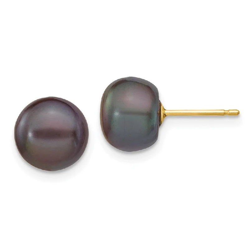 Shifted gem earrings-14k Yellow Gold Black Button Cultured Pearl Stud Earrings (L-8 mm, W-9 mm)