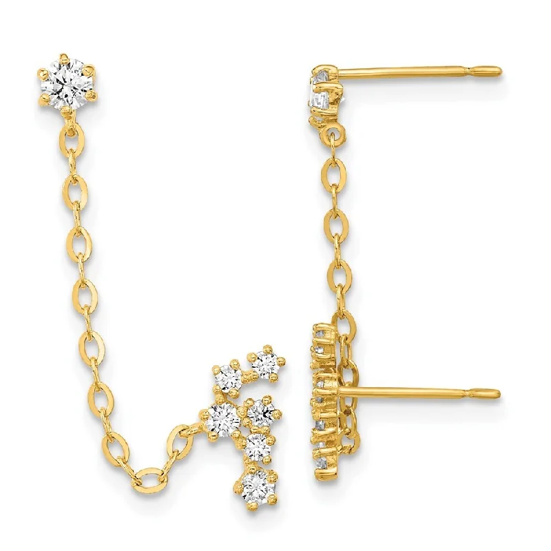 Pleated design earrings-14k Yellow Gold Cubic Zirconia Double Chain Constellation Stud Earrings (L-36 mm, W-10 mm)