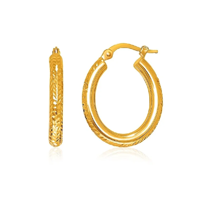 Vintage style earrings-14k Yellow Gold Diamond Cut Textured Oval Hoop Earrings.