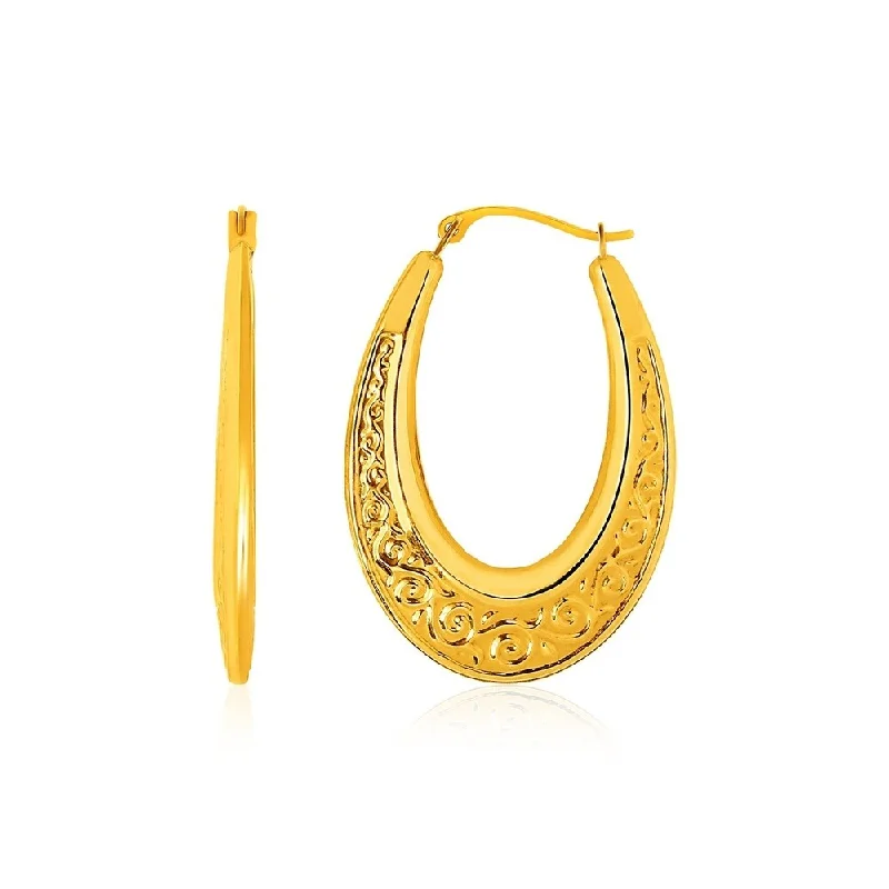 Border stone earrings-14k Yellow Gold Graduated Oval Hoop Earrings with Swirl Design