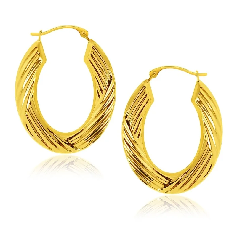 Powdered finish earrings-14k Yellow Gold Oval Weave Texture Hoop Earrings