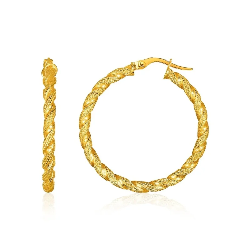 Hooked hoop earrings-14k Yellow Gold Rope Textured Hoop Earrings