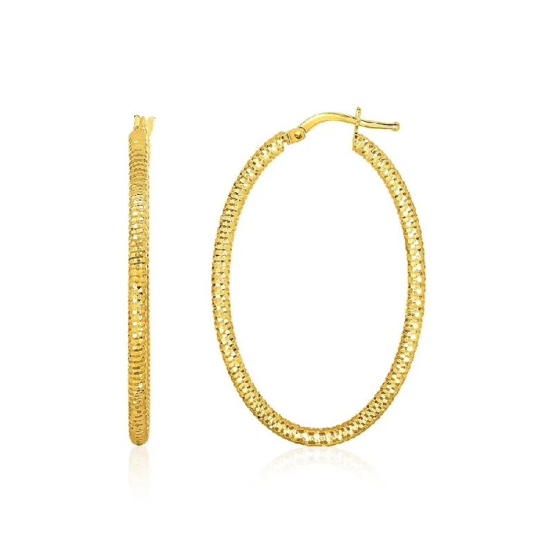 Sisal wrap earrings-14k Yellow Gold Textured Oval Hoop Earrings