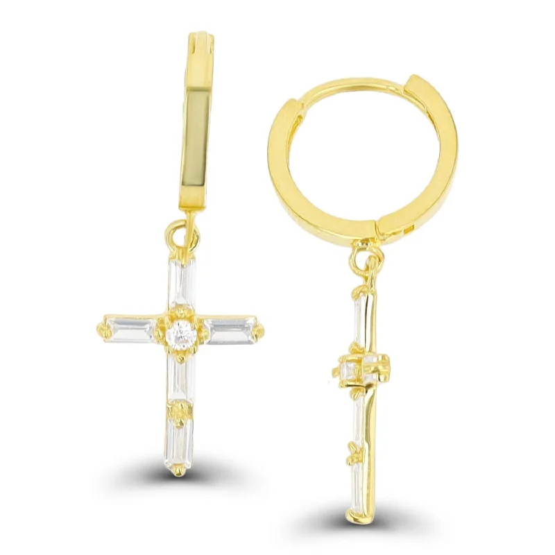 Cluster set earrings-14KT Yellow Gold Baguette Cubic Zirconia Drop & Dangle Cross Earrings