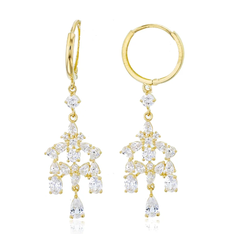 Chestnut husk earrings-14KT Yellow Gold Cubic Zirconia Huggie Chandelier Earrings