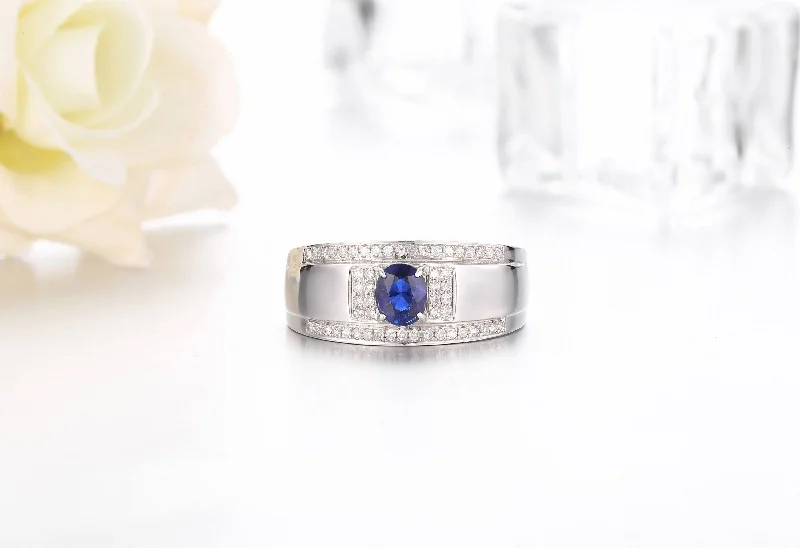 Layered cut ring-18k White Gold Natural 0.5 ct Sapphire Men's Halo Ring with Diamonds