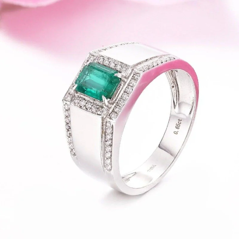 Scorched wood ring-18k White Gold Natural 0.65 ct Emerald Men's Halo Ring with Diamonds