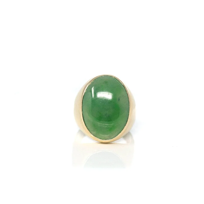 Frosted glass ring-Baikalla "Classic Oval Signet" 14k Genuine Forest Green Old mine Jadeite Jade Men's Ring