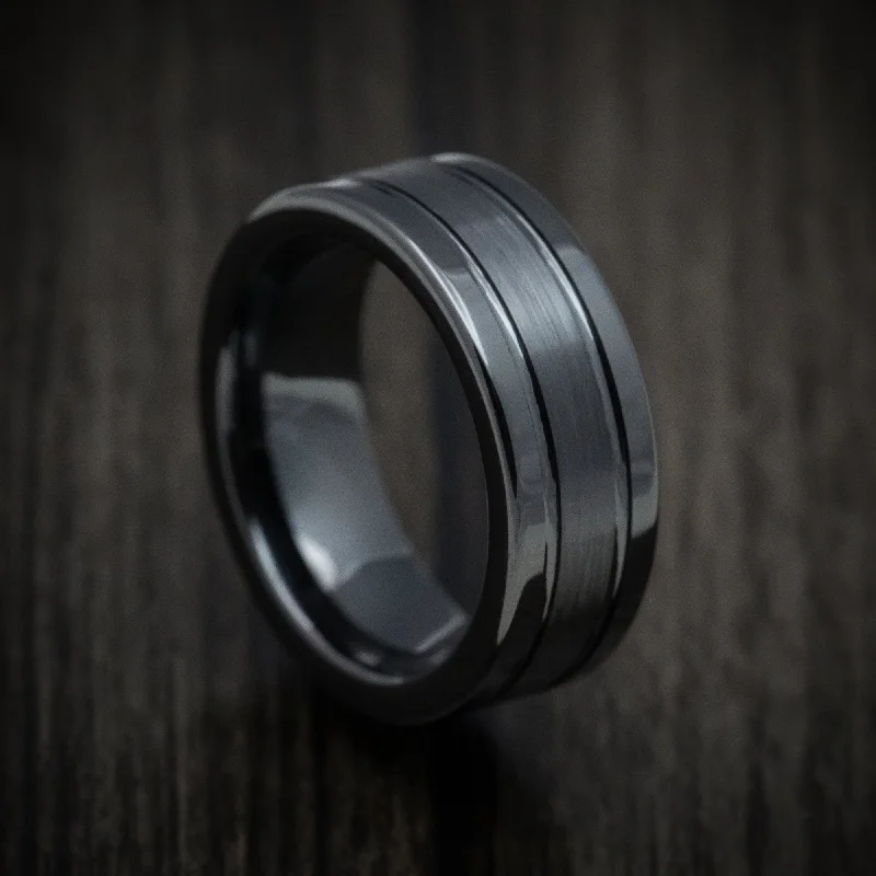 Juniper leaf ring-Black Ceramic Grooved Style Men's Ring