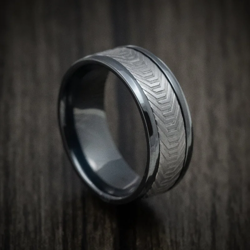 Clan crest ring-Black Titanium And Martian Rover Tread Pattern Tantalum Custom Mens Ring