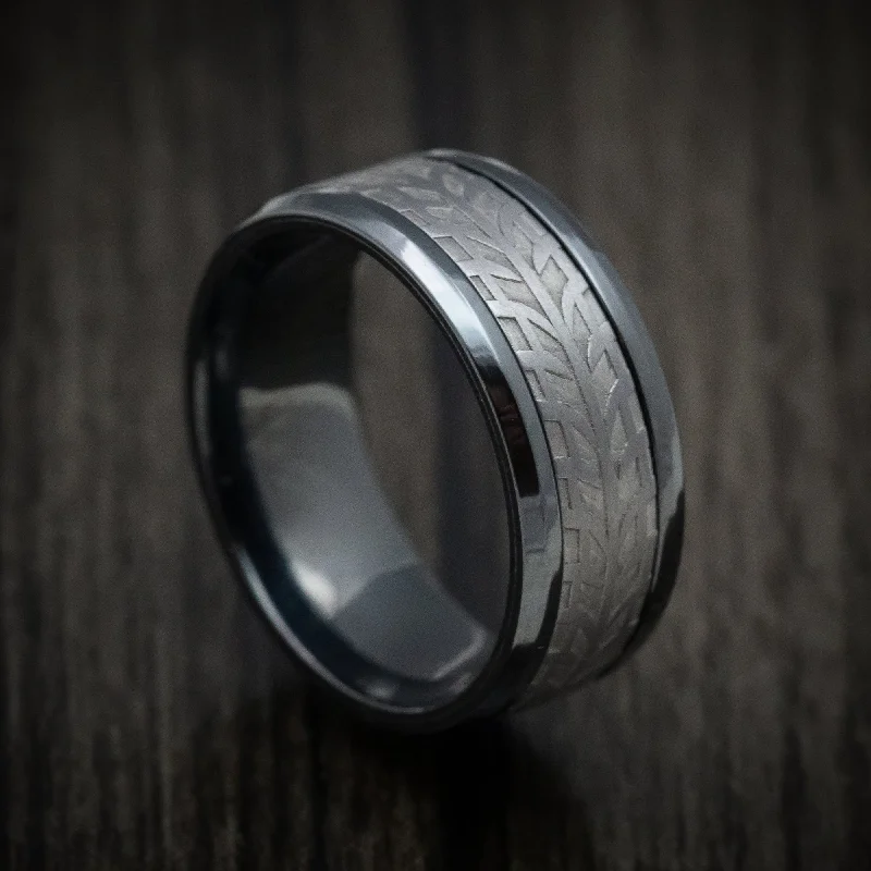 Fern vein ring-Black Titanium And Tire Tread Pattern Tantalum Custom Mens Ring