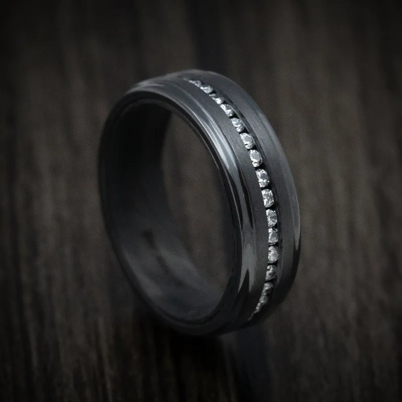 Linen band ring-Black Zirconium and Diamond Men's Ring with Forged Carbon Fiber Sleeve Custom Made