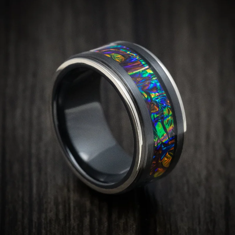 Iron forged ring-Black Zirconium and Dichrolam Inlay Men's Ring with Gold Edges Custom Made Band