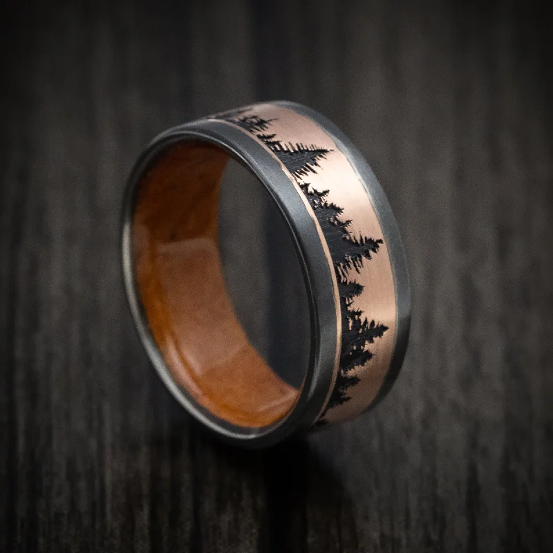 Hexagonal onyx ring-Black Zirconium and Gold Spruce Pine Tree Design Men's Ring with Wood Sleeve