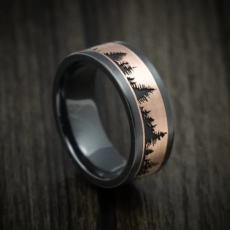 Faded stripe ring-Black Zirconium And Gold Spruce Pine Tree Design Men's Ring