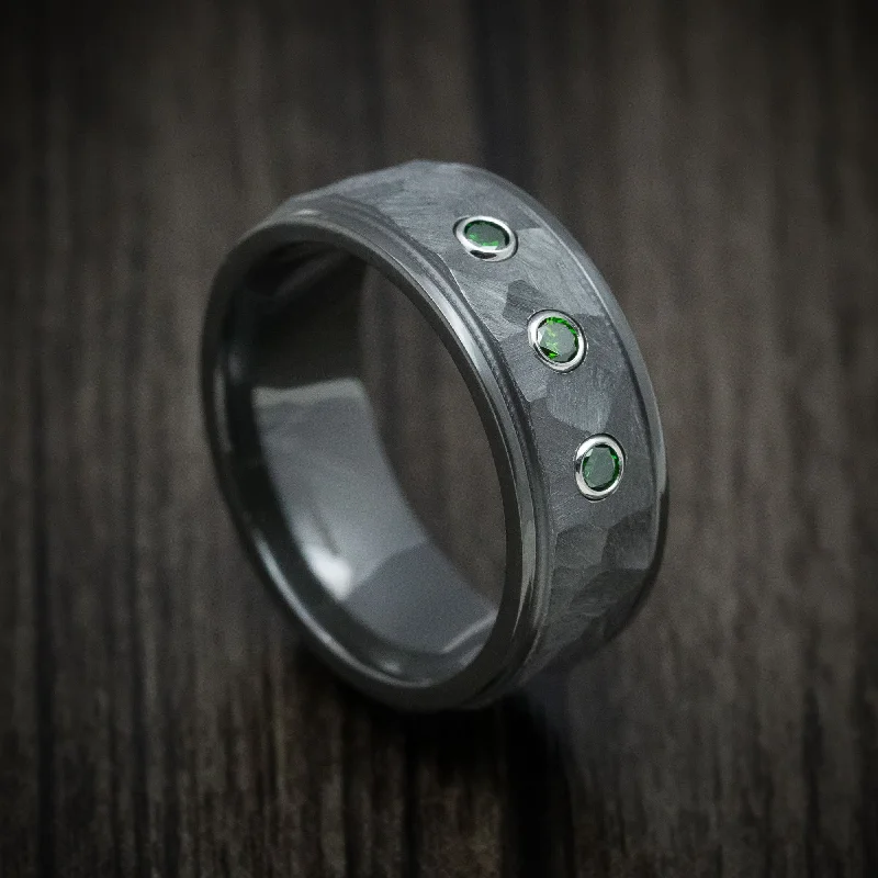 Iron forged ring-Black Zirconium and Green Diamond Men's Ring Custom Made Band