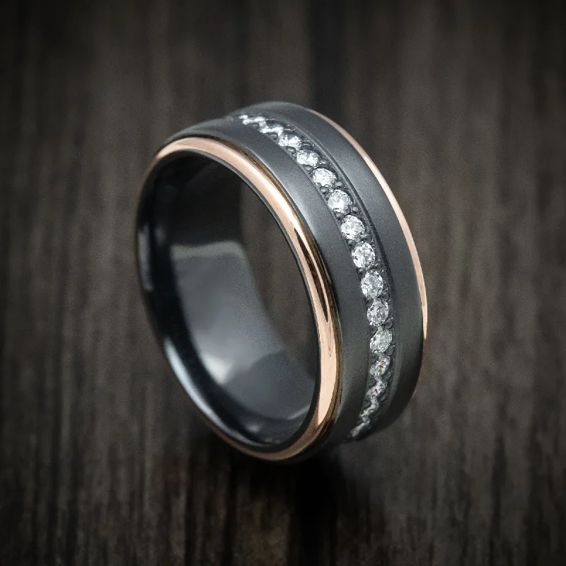 Beech grain ring-Black Zirconium and Half Eternity Diamond Men's Ring with Gold Inlays Custom Made Band