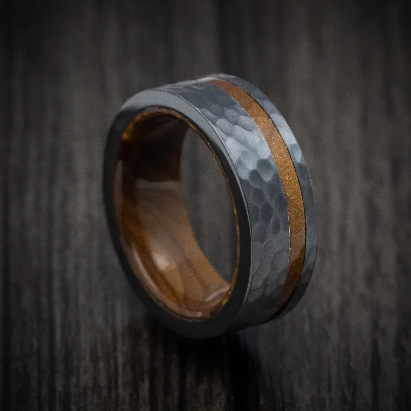 Fern vein ring-Black Zirconium and Juma Sleeve and Inlay Men's Ring Custom Made Band