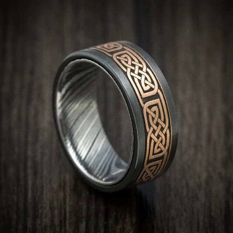 Ogham script ring-Black Zirconium and Kuro Damascus Steel 14K Gold Celtic Knot Pattern Inlay Men's Ring